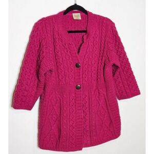 Kilronan Knitwear 100% Merino‎ Wool Cardigan Irish Cable Knit Womens M Magenta